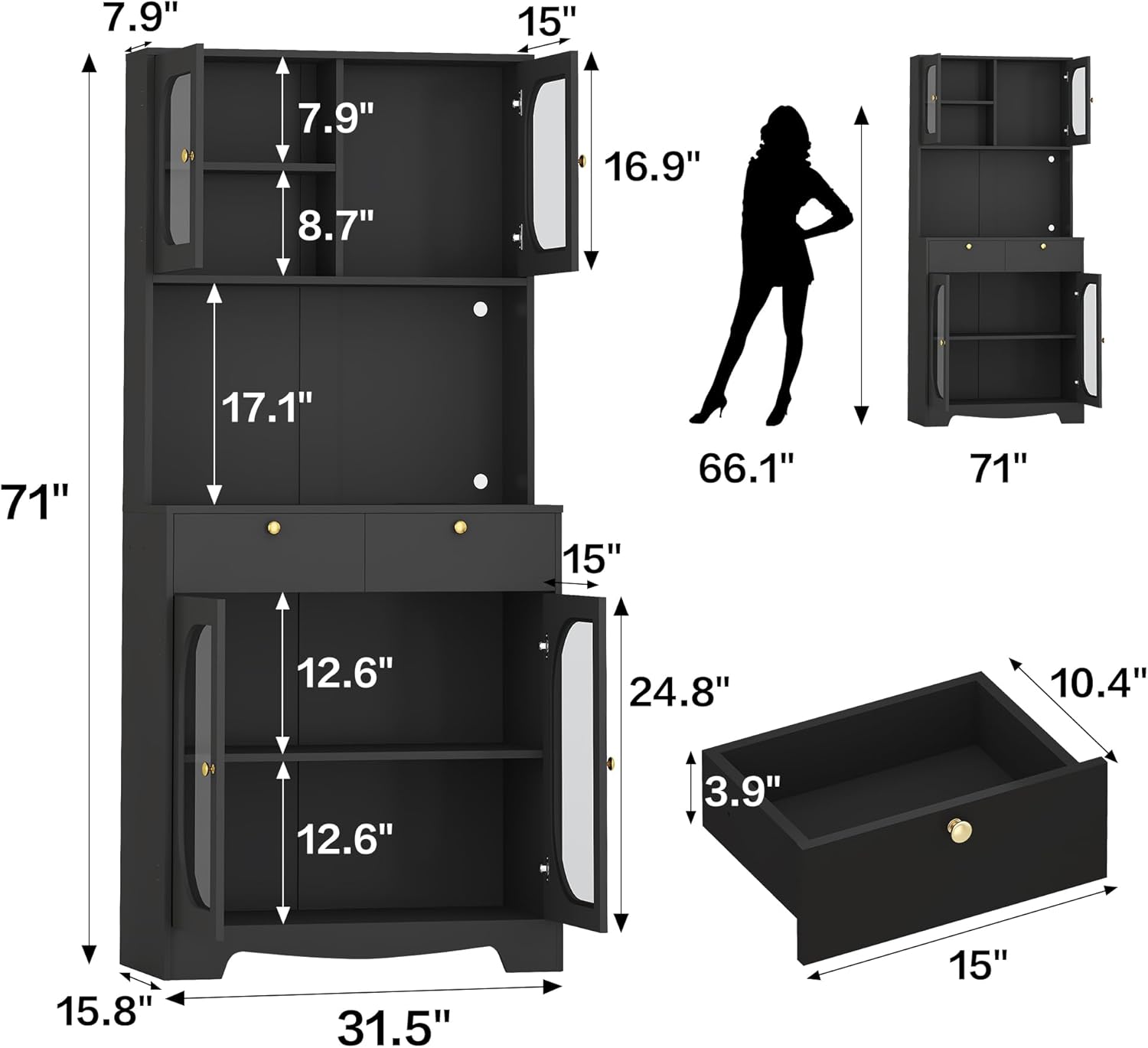 72" Black Kitchen Pantry Cabinet with Lights and Charging Station, Tall Hutch Storage Cabinet Coffee Bar Cabinet with Microwave Shelf for Dining Room