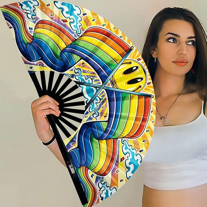 13" Large Rave Fan Bamboo, Folding Clack Hand Fans Foldable for Men Women, Boots on the Ground Poping Fan for EDM Festival Line Dance Decoration, (Rainbow, Large 13")