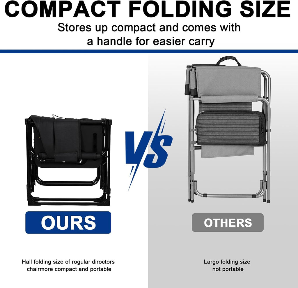 Romswi 2Pack Director Chairs for Outdoor, Folding Camping Chair, Compact Directors Chair Side Table and Side Bag, Heavy Duty Oversize Chair for Beach Fishing Picnic, Holds up to 400 lbs Black