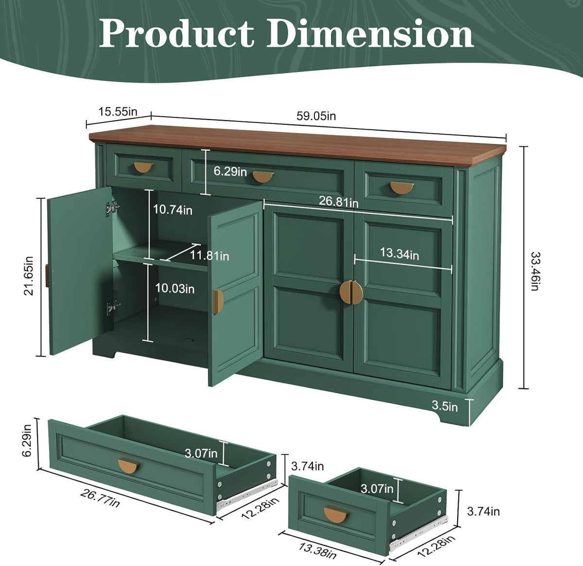 HLR 60” Large Buffet Sideboard Cabinet with 4 Doors and 3 Drawers Shaker Style, Coffee Bar Storage Cabinet for Dinning Room, Kitchen, Living Room, Green