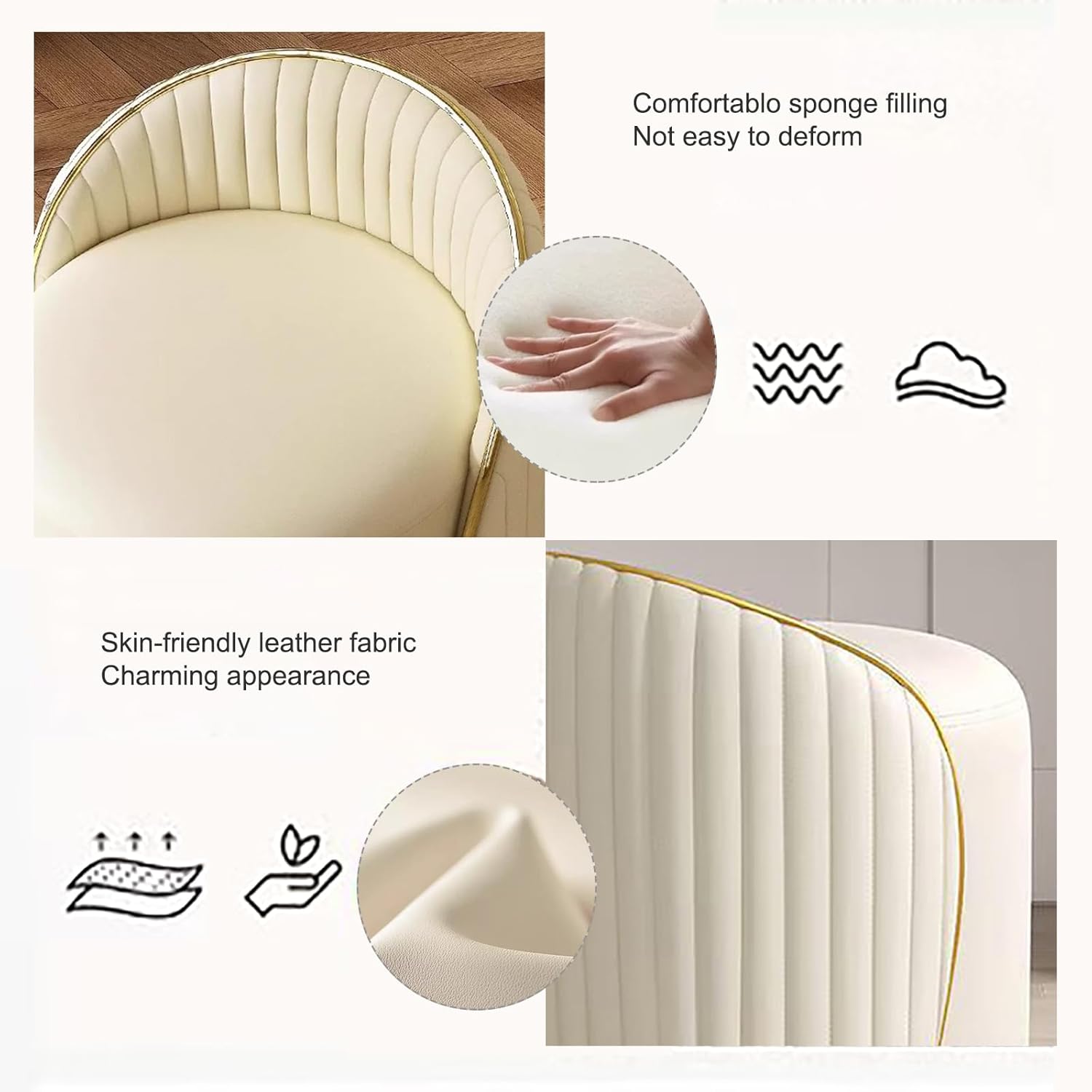 Modern Round Makeup Stool, 360 Swivel Vanity Chair, Beige Leather Seat, Solid Wood Frame, 400 lbs Weight Capacity