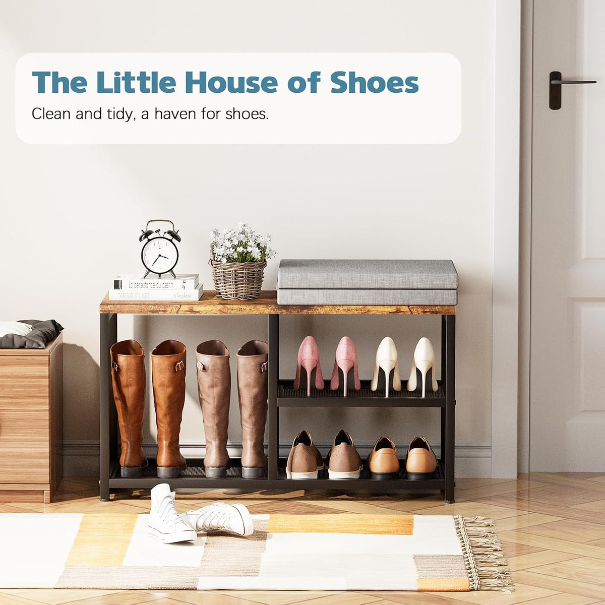 Shoe Rack for Entryway, Freestanding Hidden Shoe Storage Organizer, Boot Shoe Bench Shelves for High Heels with Seat cushion, Narrow Wood Shoe Rack for Entrance Closet, Hallway, 3 Tier (Gray+Black)