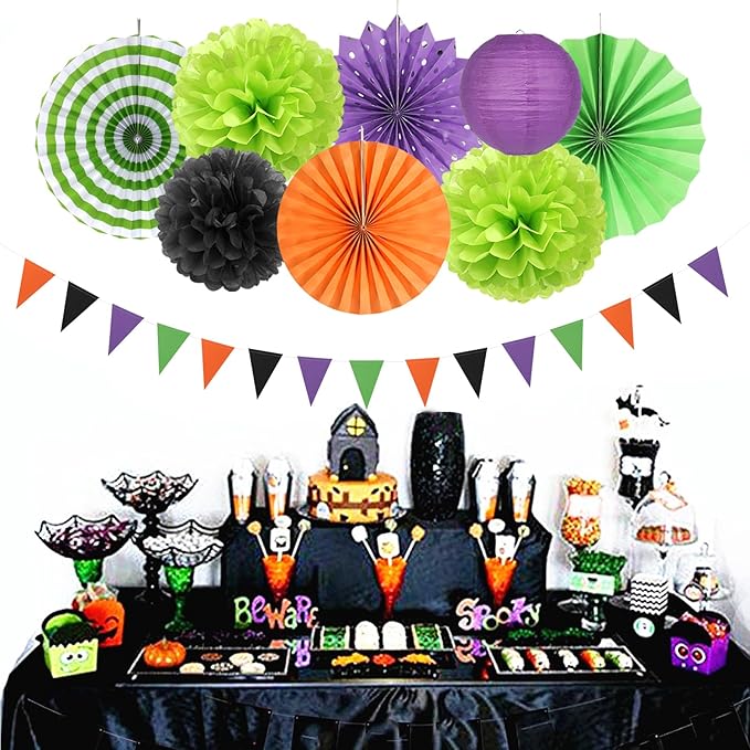 Black Purple Orange-Green Halloween Party-Decorations - 20pcs Paper Lanterns Fans,Tissue Pom Poms,Honeycomb Balls,Hotel Transylvania Hocus Pocus Birthday Baby Bridal Shower Wedding Decor Burgleda
