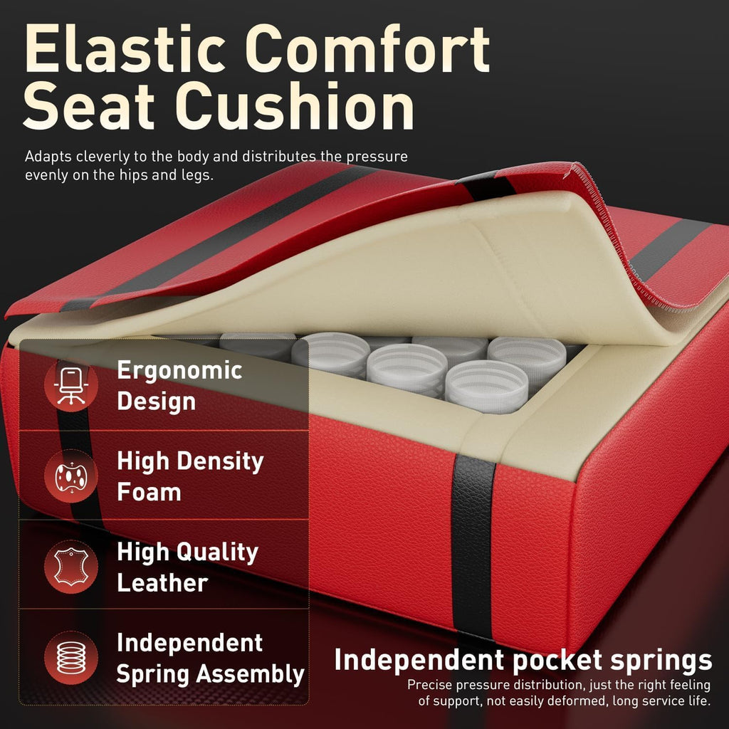 HLDIRECT High Back Gaming Chair, USB Massage Lumbar Support, Black&Red | PU Leather & Pocket Spring Seat Cushion, Footrest, 90°-135° recline, 330 lb capacity, for adult gaming, work & relaxing