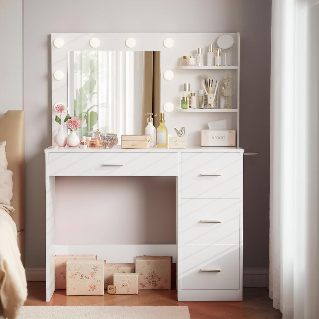 Furmax Vanity Desk with LED Lighted Mirror&Power Outlet, Makeup Vanity Table with 4 Drawers, 3 Open Storage Shelves, and 3 Color Modes, for Bedroom (Pure White)