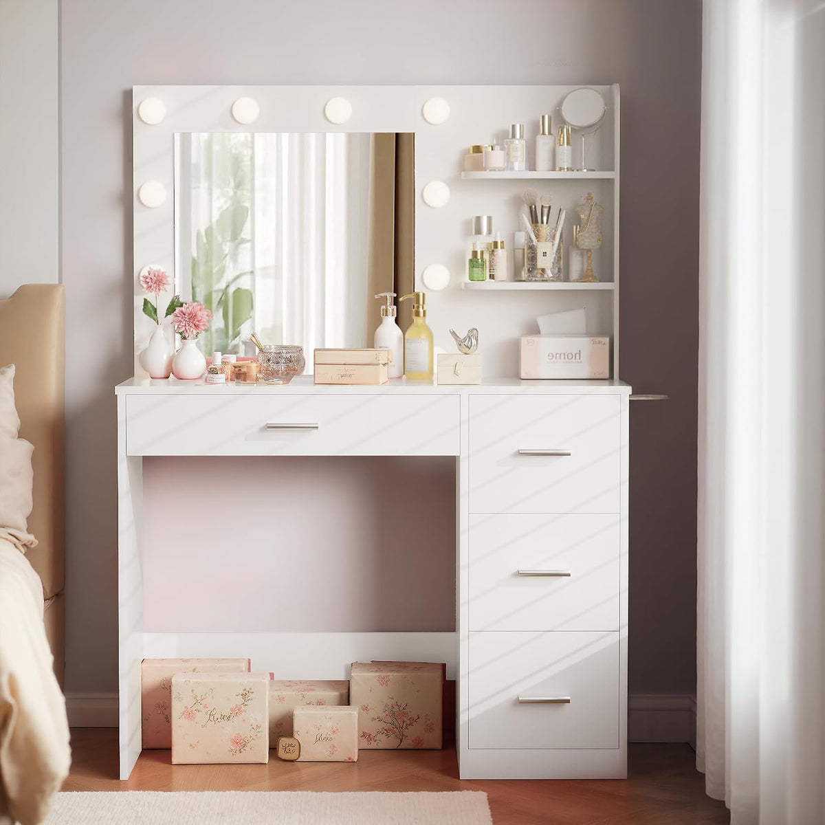 Furmax Vanity Desk with LED Lighted Mirror&Power Outlet, Makeup Vanity Table with 4 Drawers, 3 Open Storage Shelves, and 3 Color Modes, for Bedroom (Pure White)