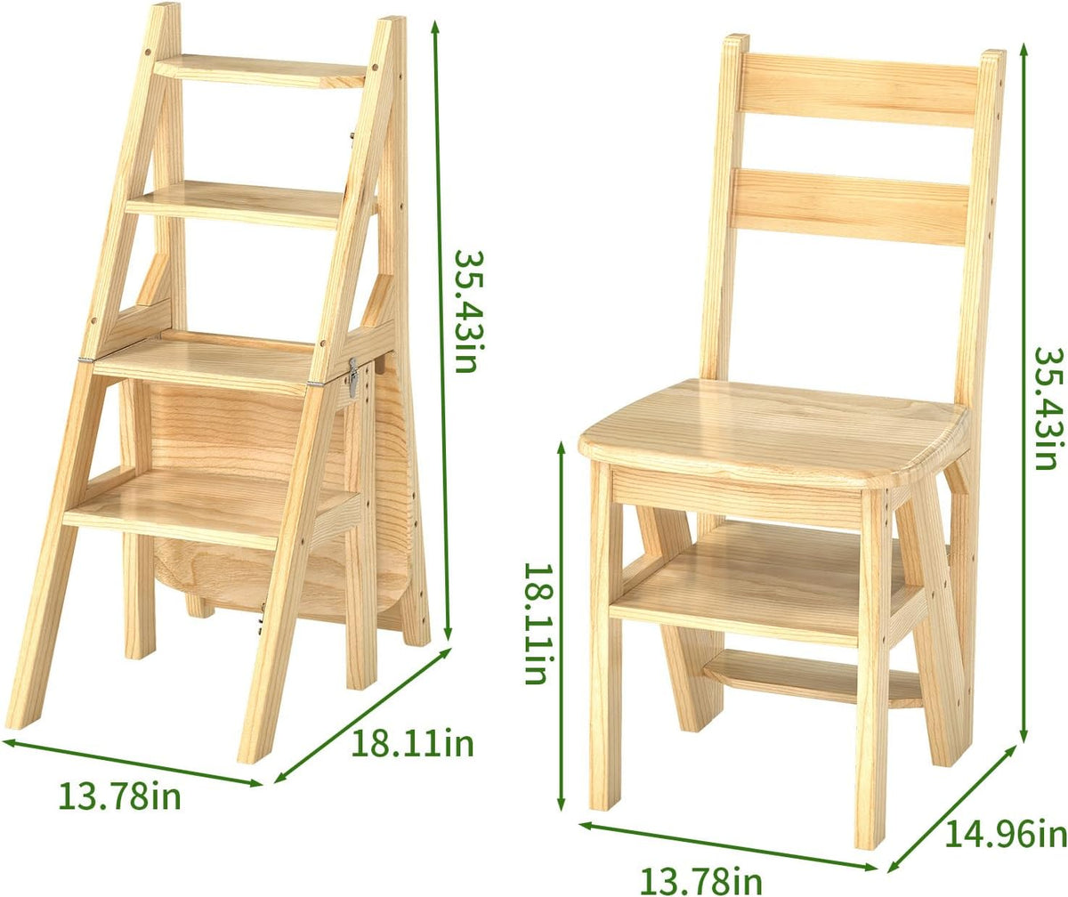 Library Ladder 4 Tier Folding Step Stool Chair 3-in-1 Multi-Functional Wood Step Ladder 265 lbs Indoor and Outdoor Display Stand and Storage Shelf for Home, Library, Kitchen