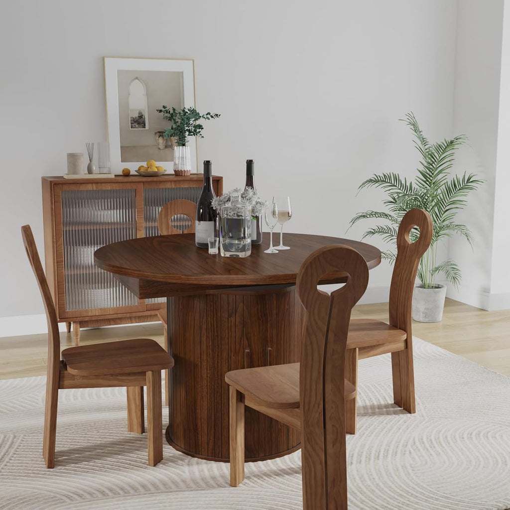 Expandable Dining Table,Round Wooden Kitchen Table,Double Layered Storage Space with Partitions,Equipped with Circular Sliding Doors, Suitable for Kitchen (Expandable Dining table-Walnut-02)