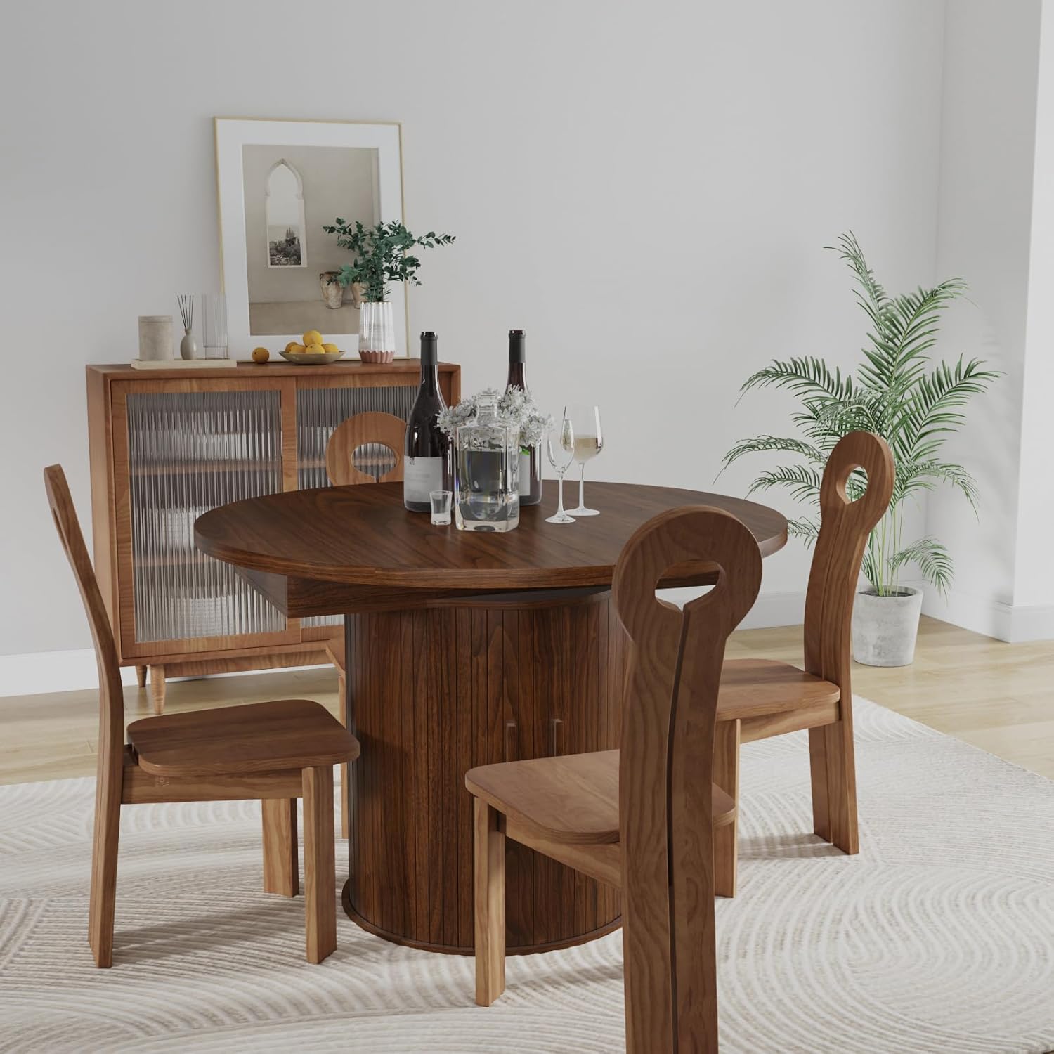 Expandable Dining Table,Round Wooden Kitchen Table,Double Layered Storage Space with Partitions,Equipped with Circular Sliding Doors, Suitable for Kitchen (Expandable Dining table-Walnut-02)