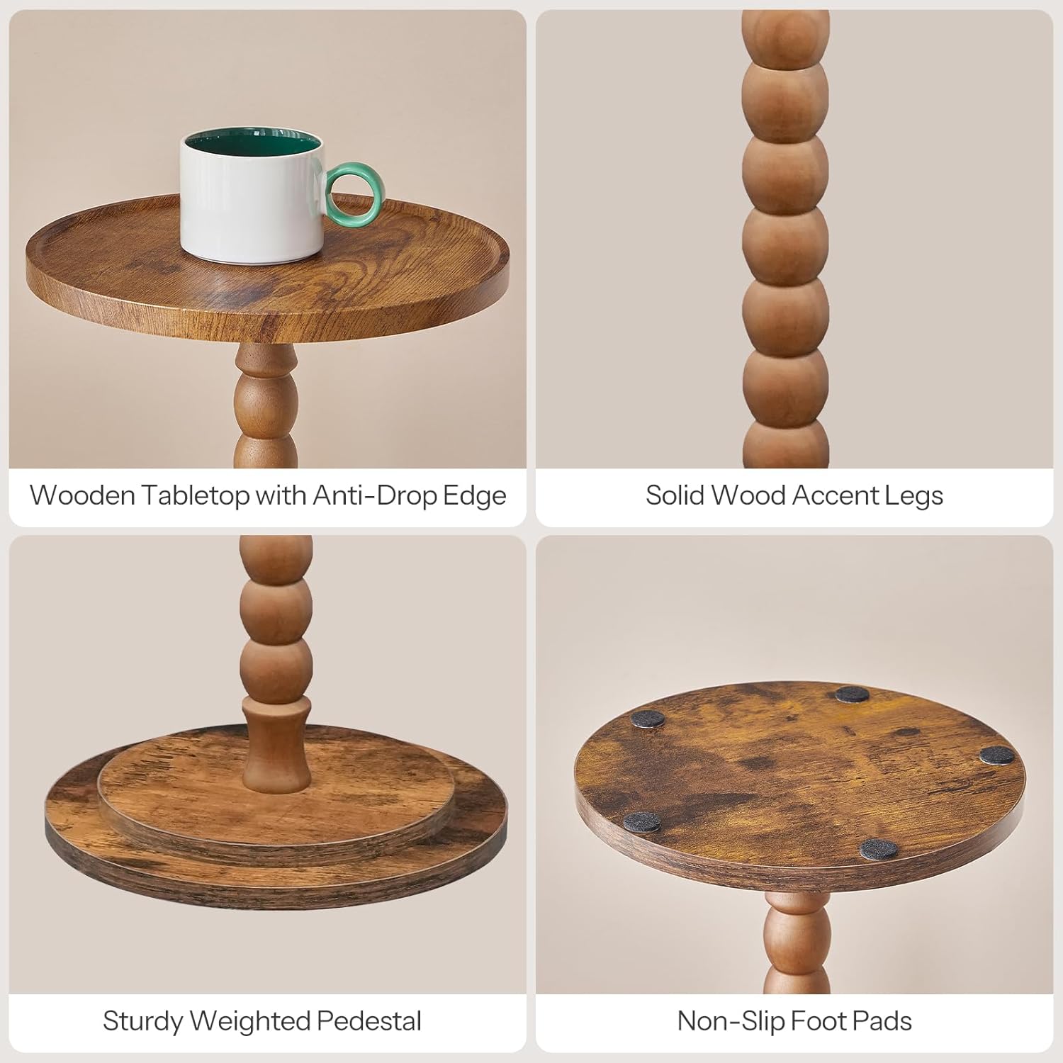 HOOBRO Round Side Table, Small Drink Table for Small Space, End Table with Rubberwood Accent Leg, Stable Pedestal, Easy Assembly, for Living Room, Corner, Bedroom, Rustic Brown FG187BZ01