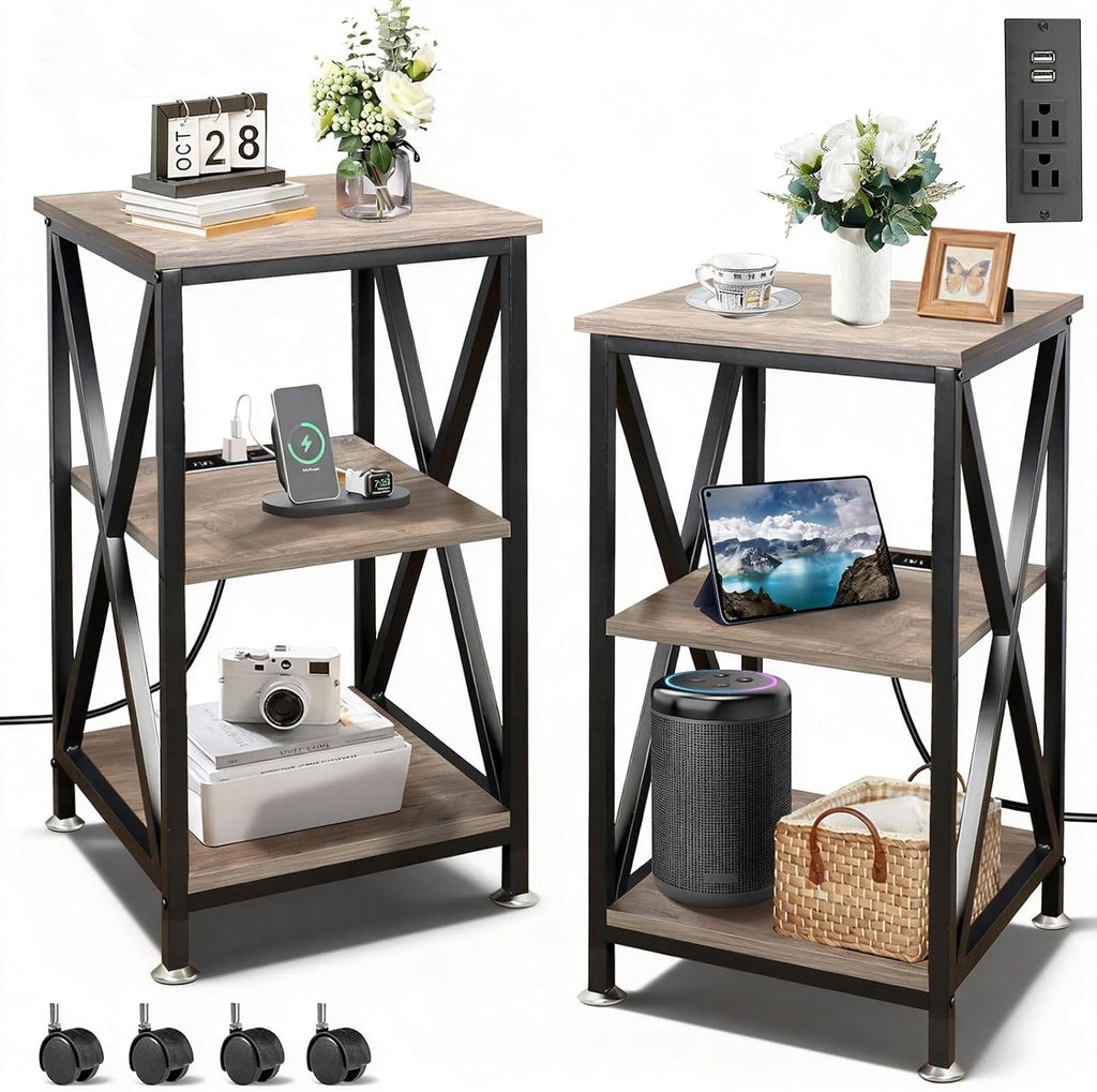 End Tables Living Room Set of 2, Square End Table with Charging Station, 16" D X 16" W X 28" H, Wood and Metal Table with USB Ports and Outlets, Side Table with Wheels for Living Room, Bedroom, Grey