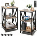End Tables Living Room Set of 2, Square End Table with Charging Station, 16" D X 16" W X 28" H, Wood and Metal Table with USB Ports and Outlets, Side Table with Wheels for Living Room, Bedroom, Grey