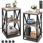 End Tables Living Room Set of 2, Square End Table with Charging Station, 16" D X 16" W X 28" H, Wood and Metal Table with USB Ports and Outlets, Side Table with Wheels for Living Room, Bedroom, Grey
