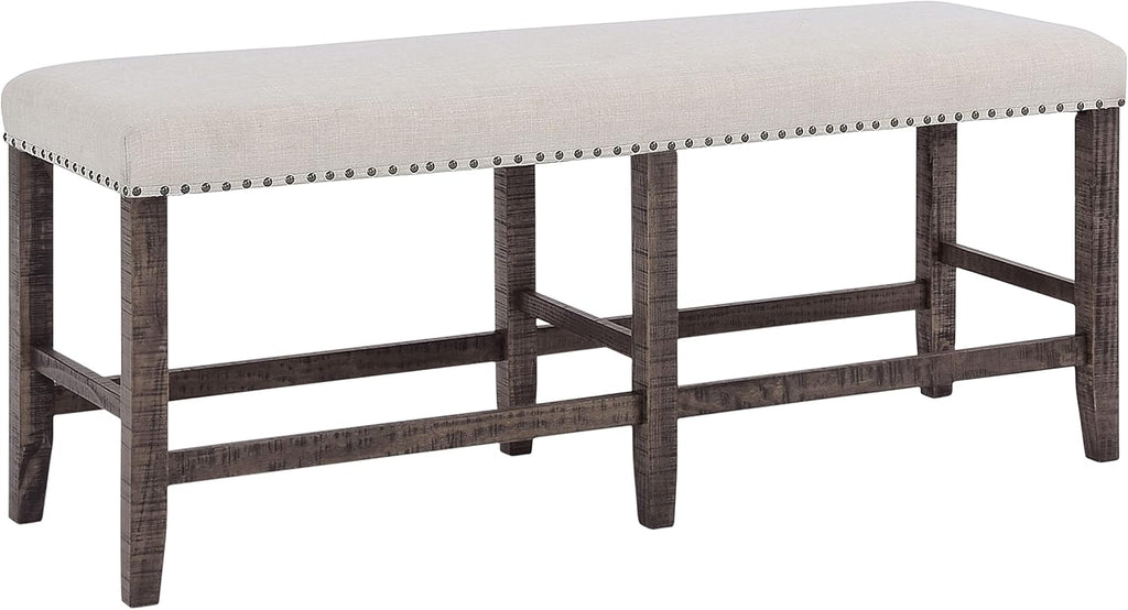 Jofran Willow Creek Distressed Pine Counter Height Dining Bench, Rustic Upholstered Bench for Dining Room Kitchen, Cream Fabric and Brown Wood