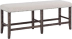 Jofran Willow Creek Distressed Pine Counter Height Dining Bench, Rustic Upholstered Bench for Dining Room Kitchen, Cream Fabric and Brown Wood