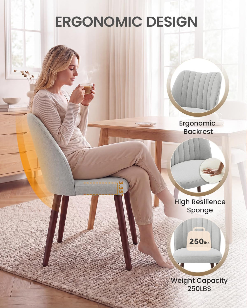 Upholstered Dining Chairs Set of 6, Farmhouse Fabric Kitchen Chairs with Solid Wood Legs, Modern Dining Room Chairs for Restaurant & Cafe, Light Grey