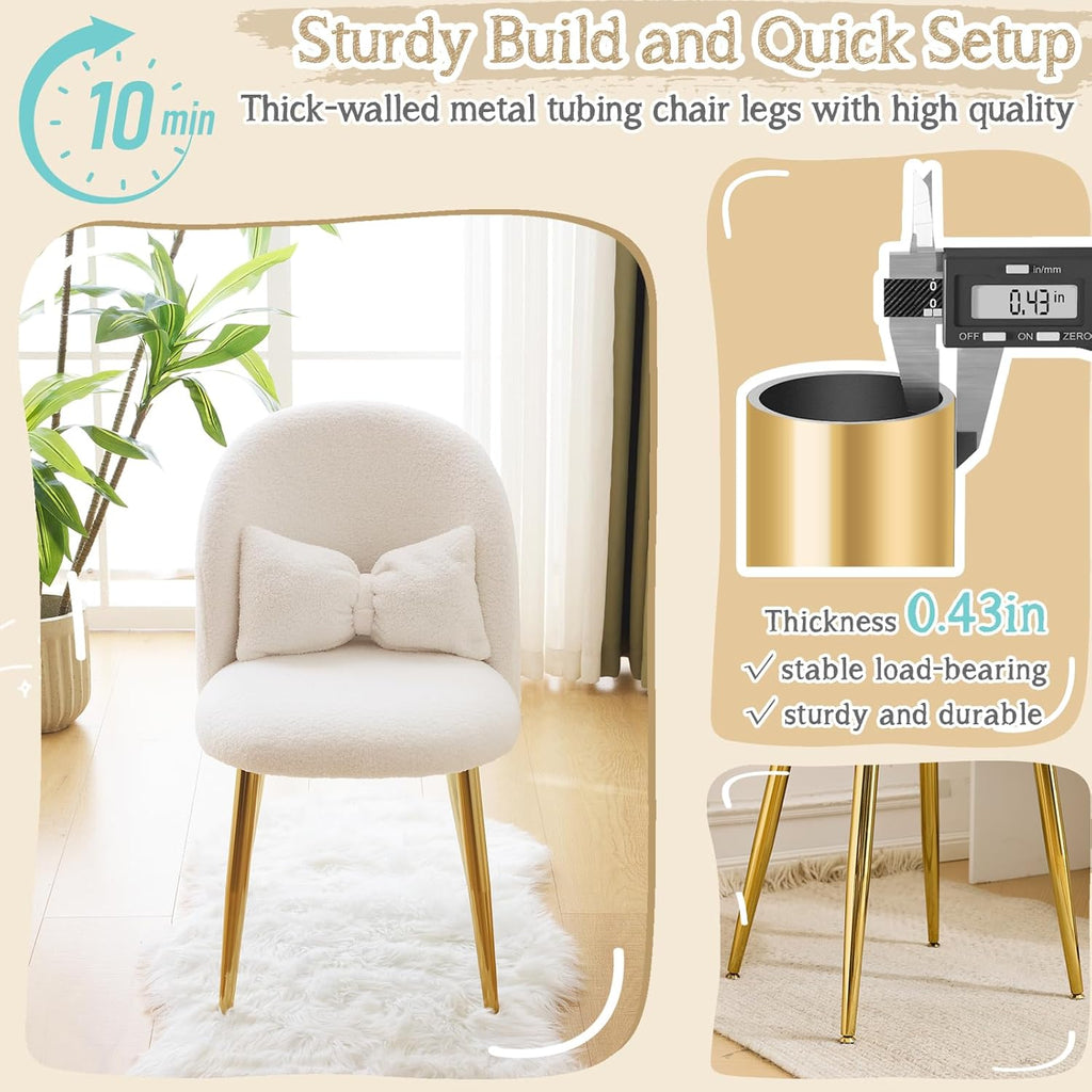 VINGLI Boucle Girls Vanity Chair with Back & Pillow,Cute Small Cozy Desk Chair No Wheels,Comfy Makeup Ch with Ajustable Gold Legs,for Bedroom,Living Room,Small Space,White