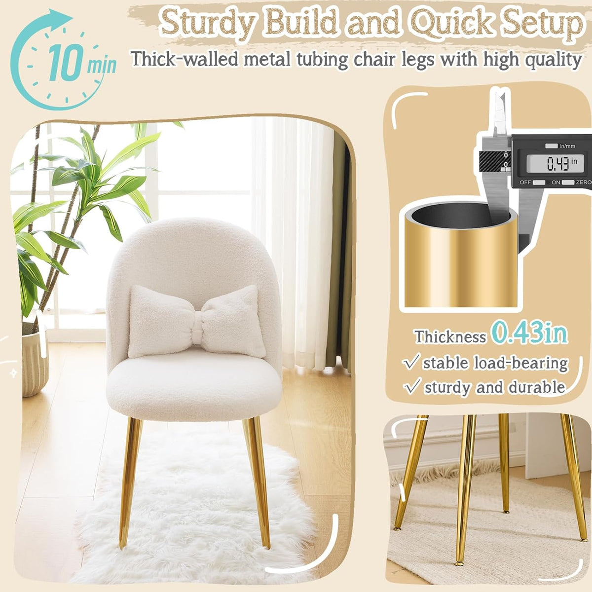 VINGLI Boucle Girls Vanity Chair with Back & Pillow,Cute Small Cozy Desk Chair No Wheels,Comfy Makeup Ch with Ajustable Gold Legs,for Bedroom,Living Room,Small Space,White