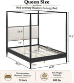 Merax Black Queen Size Canopy Bed Frame with Boucle Headboard and 4 Poster