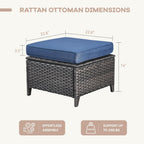 Patio Ottomans Set of 2 Outdoor Ottomans Wicker Foot Stools 2 Piece Footrest PE Rattan Ottomans with Thickened Cushions for Patio Garden Porch Balcony Poolside Deck, Brown|Blue