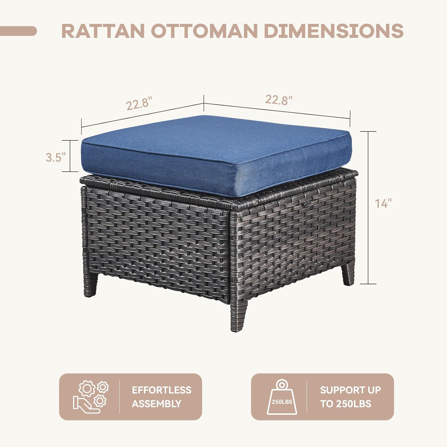 Patio Ottomans Set of 2 Outdoor Ottomans Wicker Foot Stools 2 Piece Footrest PE Rattan Ottomans with Thickened Cushions for Patio Garden Porch Balcony Poolside Deck, Brown|Blue