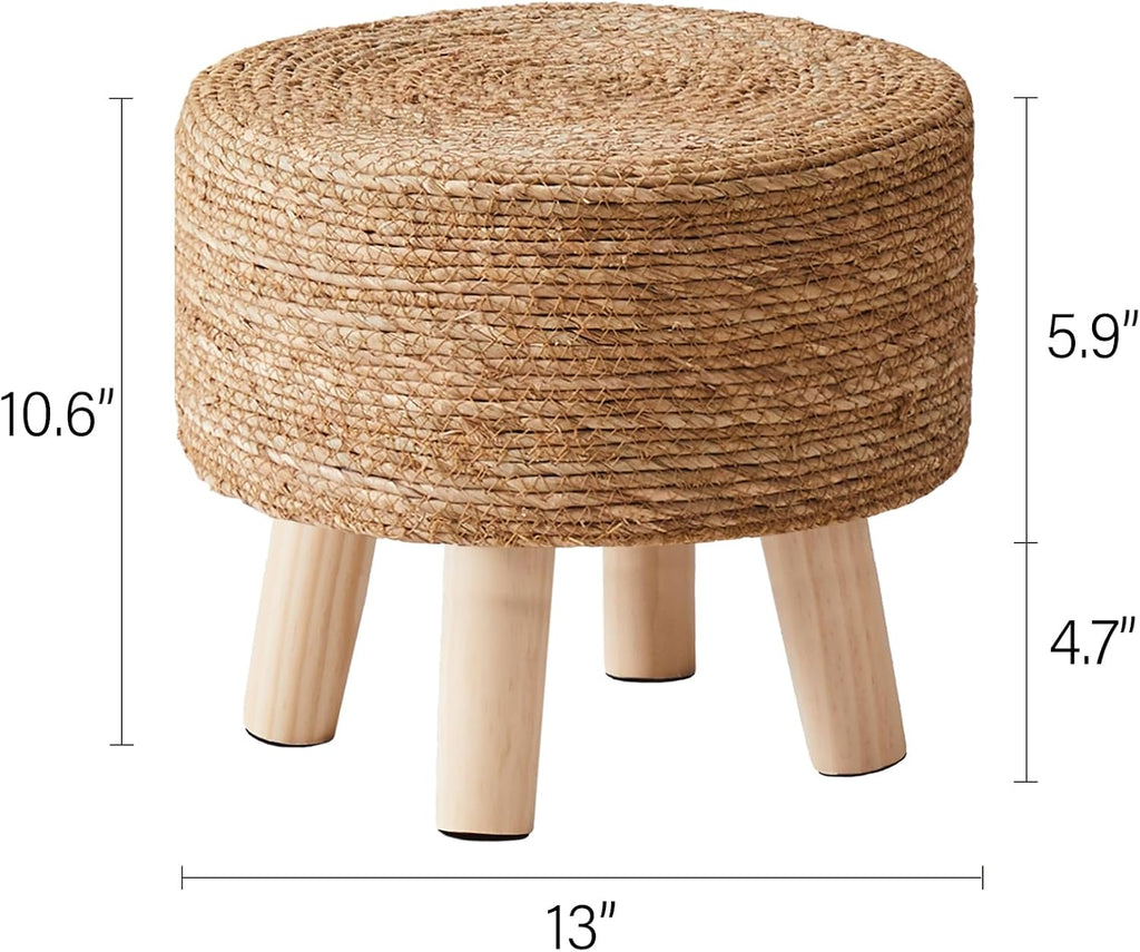 Cpintltr Foot Stool Natural Seagrass Hand Weave Poufs Round Ottoman for Couch Desk Soft Step Stool Padded Foot Rest with Non-Skid Pine Legs for Hallway Office Lounge Natural