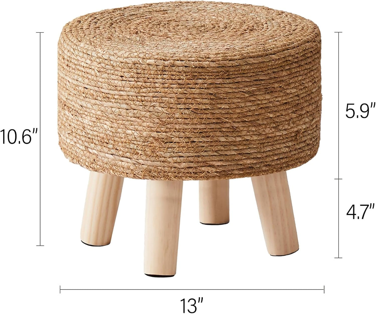 Cpintltr Foot Stool Natural Seagrass Hand Weave Poufs Round Ottoman for Couch Desk Soft Step Stool Padded Foot Rest with Non-Skid Pine Legs for Hallway Office Lounge Natural