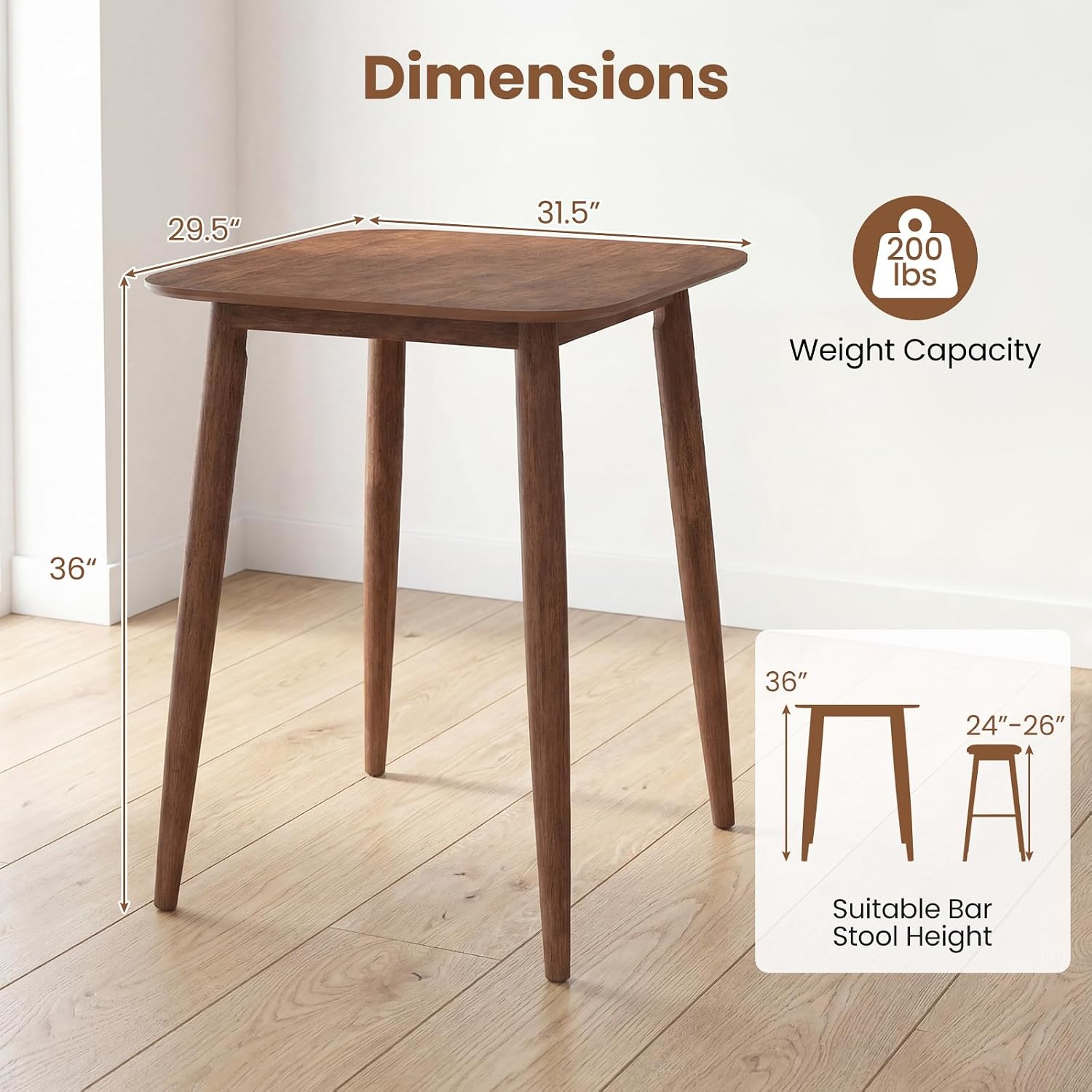 COSTWAY 36 Inch Counter Height Dining Table, Solid Rubber Wood Farmhouse Kitchen Table with Sturdy Pedestal Base, Walnut Finish