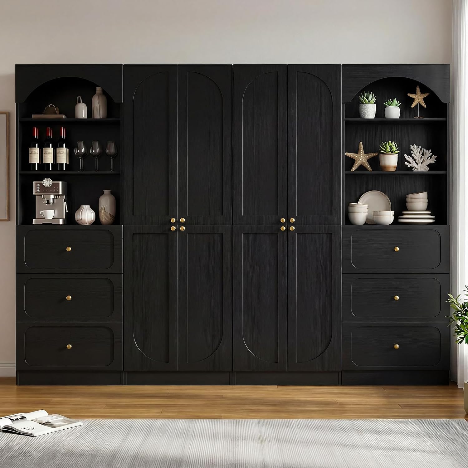 Cyclysio 80" Kitchen Pantry Cabinet with 6 Drawers, Wide Arched Kitchen Storage Cabinets with 6-Tier Open Shelves, Wood Floor Cupboard with Seamless Fit Wall for Living Room, Kitchen, Bathroom