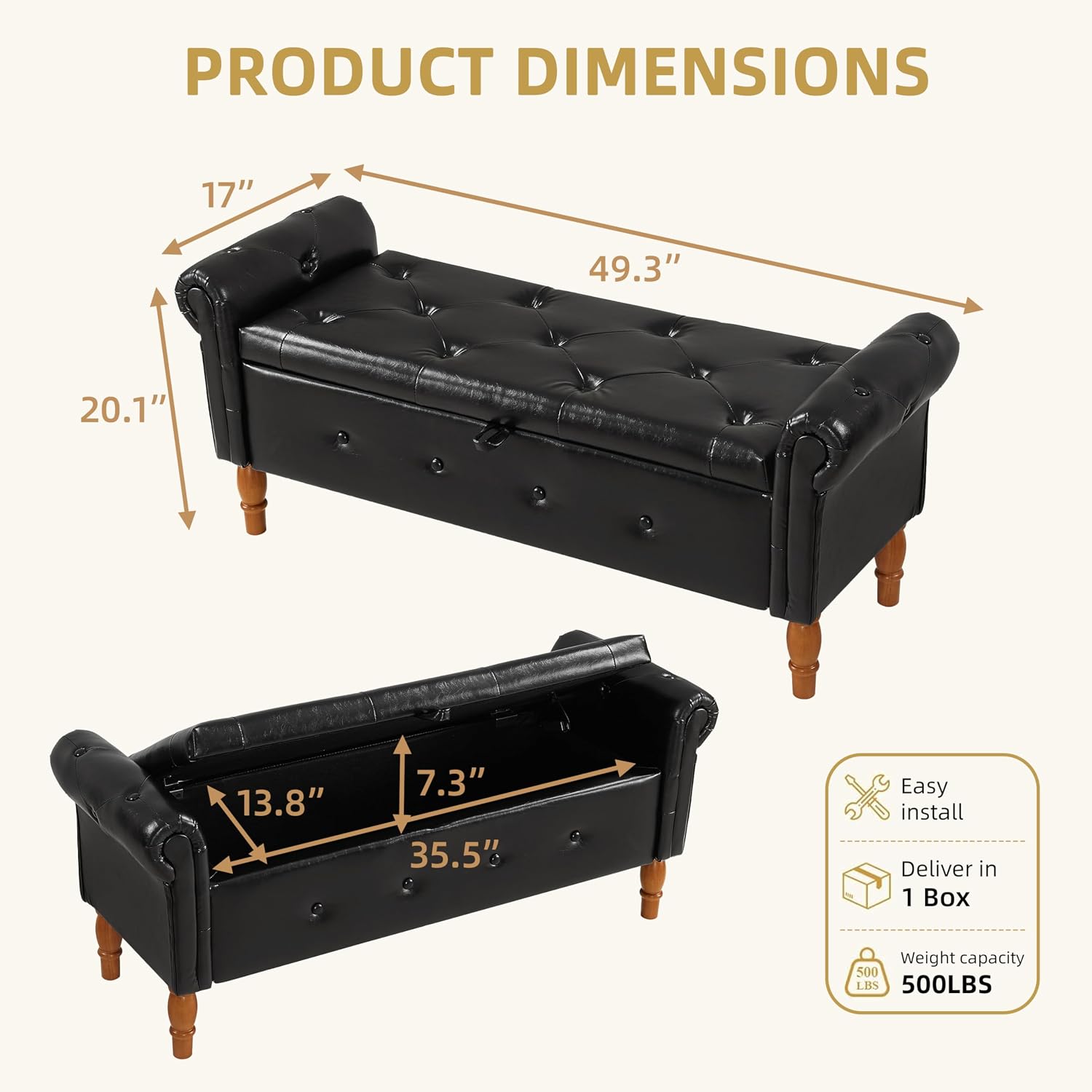 Storage Ottoman Bench, 50" Modern Upholstered End of Bed Bench, Faux Leather Rolled Armed Button-Tufted Ottoman with Storage for Living Room, Entryway, Window, Black