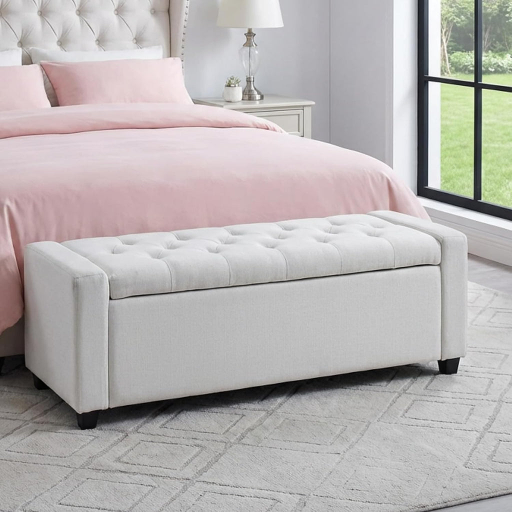 Storage Bench for Bedroom, 48.4'' End of Bed Beige Ottoman Lined Fabric Upholstered Shoe Bench for Entryway, Hallway, Bedroom, Cloakroom, Living Room, Beige.