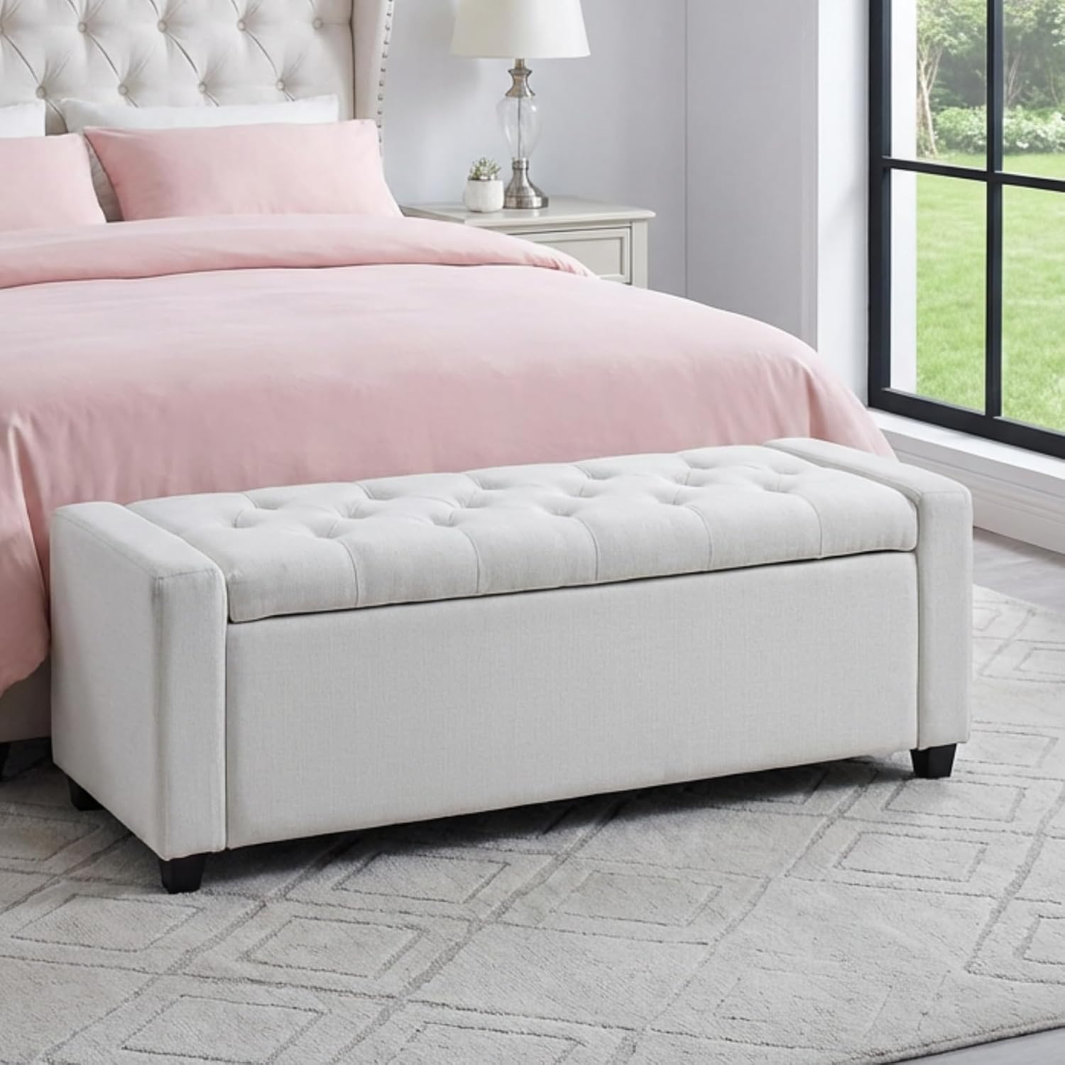 Storage Bench for Bedroom, 48.4'' End of Bed Beige Ottoman Lined Fabric Upholstered Shoe Bench for Entryway, Hallway, Bedroom, Cloakroom, Living Room, Beige.
