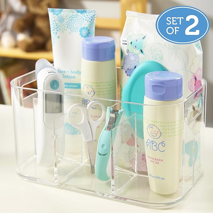 STORi Bliss 5-Compartment Plastic Cosmetics Storage Organizer, Set of 2 | Clear | Rectangular Divided Makeup Bin & Vanity Caddy with Pass-Through Handles | Round Corner Design | Made in USA