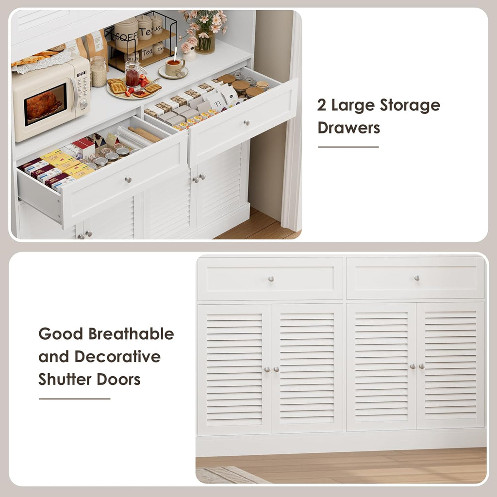 HIFIT 71“HX55“W Large Pantry Cabinet for Food Storage, Farmhouse Kitchen Hutch with Storage Drawers, Tall Kitchen Pantry Cabinet with Microwave Stand for Dining Living Room, White