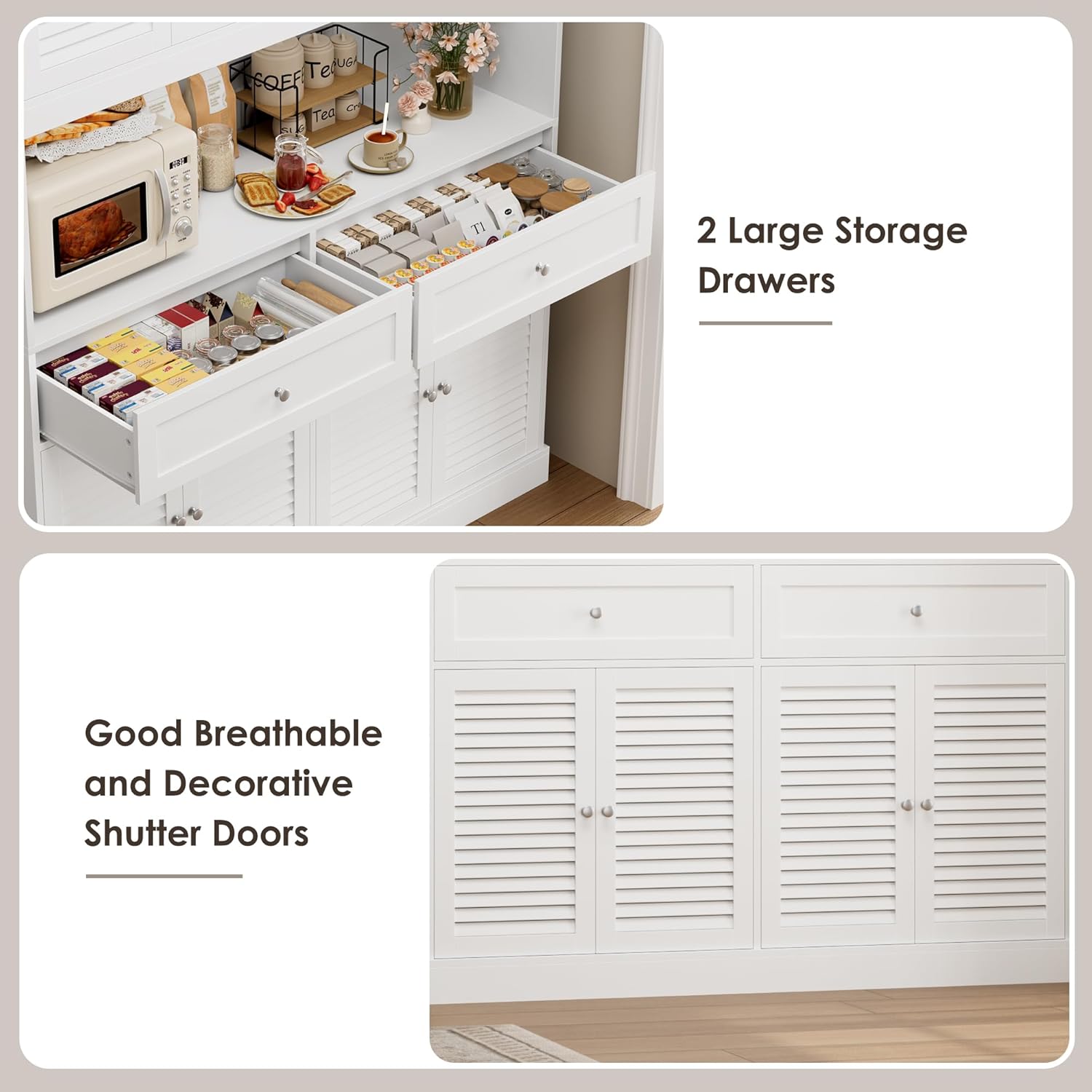 HIFIT 71“HX55“W Large Pantry Cabinet for Food Storage, Farmhouse Kitchen Hutch with Storage Drawers, Tall Kitchen Pantry Cabinet with Microwave Stand for Dining Living Room, White