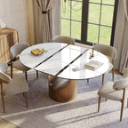 POVISON Modern Extendable Dining Table for 4-6, 47" to 63" Round to Oval Sintered Stone Kitchen Table with Carbon Steel Base, Mid-Century Dinner Tables for Dining Room, Glossy White（Table Only）