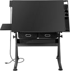 ZENY Adjustable Drafting Table with Stool Tilting Drawing Desk Artist Table | with Outlet, Storage Drawers, Art Craft Workstation for Home Office Reading, Writing, Crafting, Black