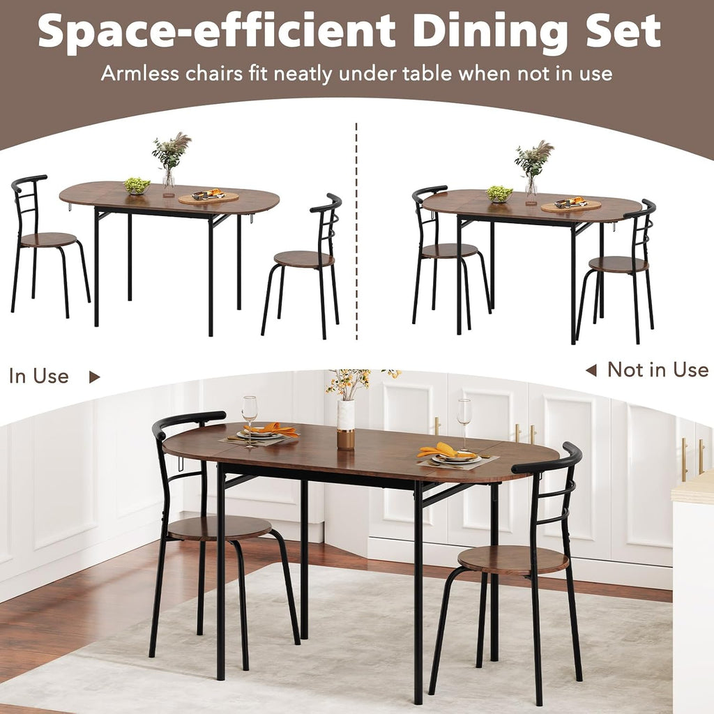 GOFLAME 3-Piece Drop Leaf Dining Table Set, Extendable Kitchen Breakfast Table with 2 Chairs, Space Saving Folding Dining Room Set for Home Kitchen, Apartment, Small Space, Rustic Brown