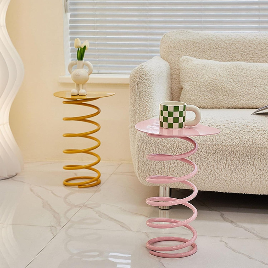 Spring Shape Side Table, Heart Shaped Accent Table, Iron Material, No Installation Required, for Living Room, Balcony(Yellow)