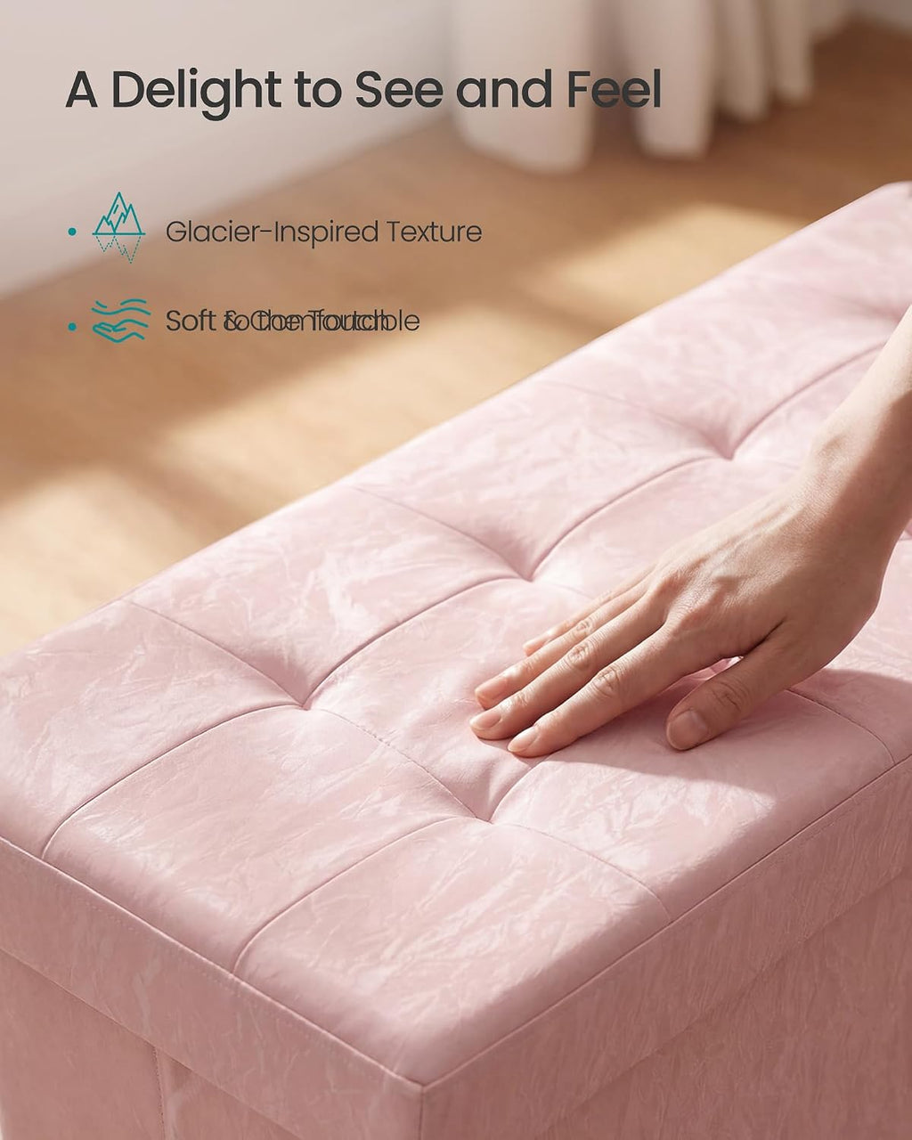 SONGMICS Storage Ottoman Bench, PU Leather Foldable Footrest, Padded Seat | Chest for Bedroom, 43.3 x 15 x 15.7 inches, Jelly Pink, MINOTA Collection ULSF524SA01