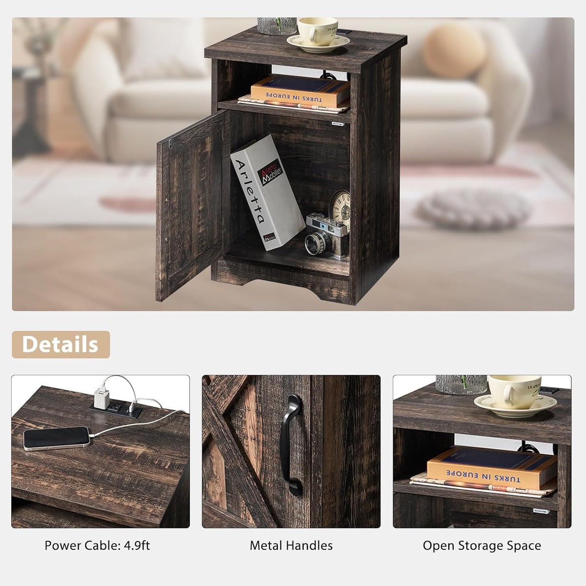AMERLIFE Farmhouse 5 Piece Living Room Table Set, 63" TV Stand, Daark Oak