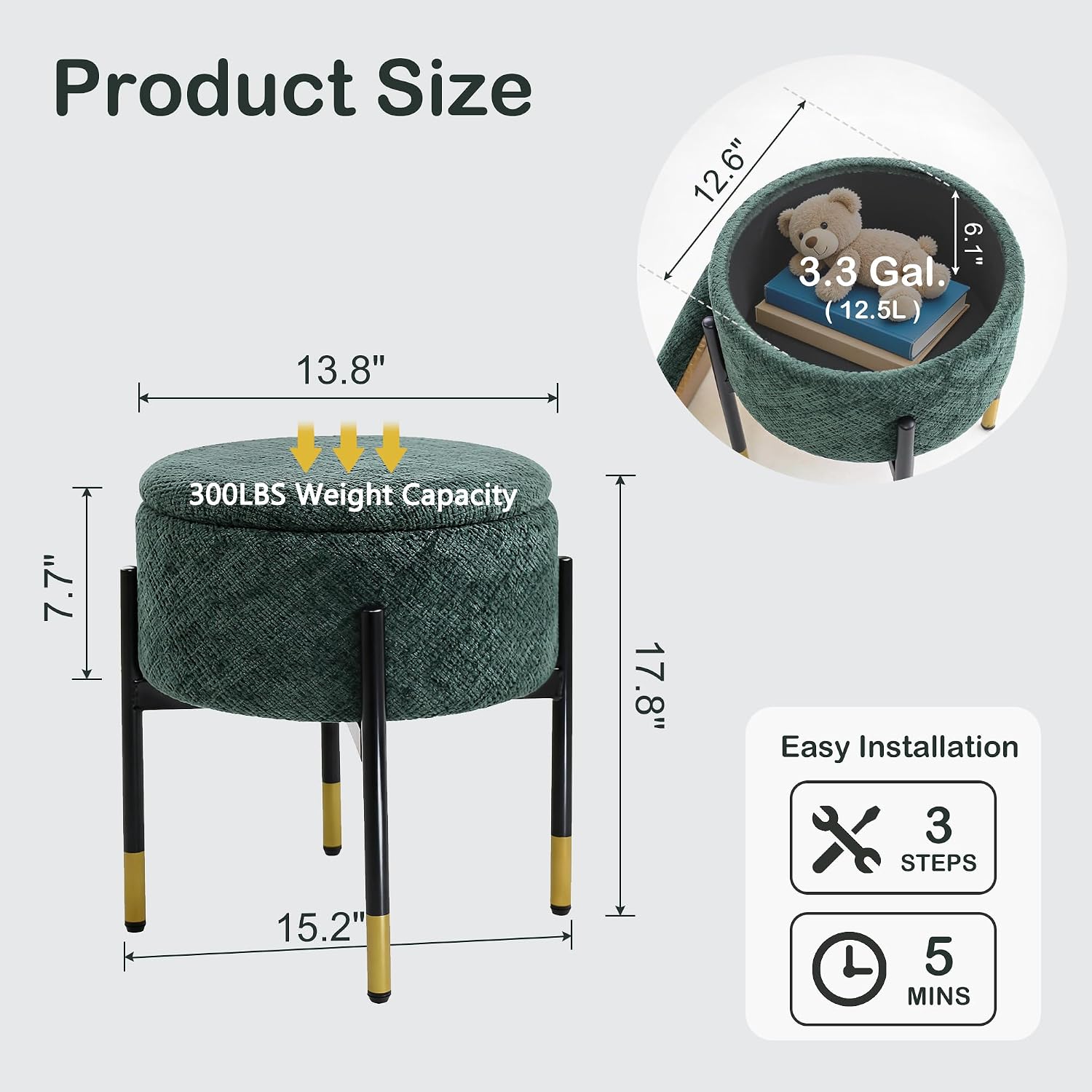 CAROLMADE Round Ottoman with Storage, Velvet Makeup Vanity Stool, Small Ottoman Foot Stool with Coffee Table and Metal Legs for Living Room, Bedroom and Dorm, Green