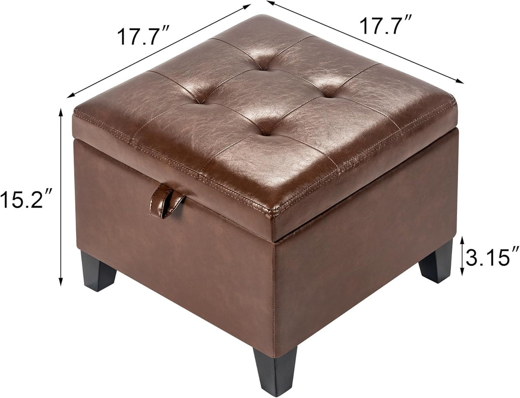 Asense 17 Inch Storage Ottoman Foot Rest,Square Faux Leather Foot Stool,Small Ottoman with Storage,Padded Seat for Entryway,Living Room,Bedroom,Couch,Under Desk,Coffee