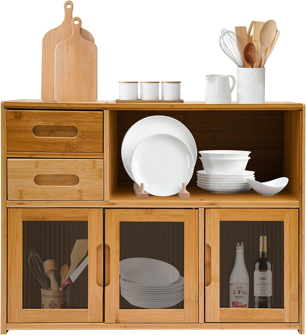 Small Bamboo Kitchen Pantry Sideboard, with Two Drawers, One Open Space, Large Bottom Space with Doors, Freestanding Countertop Storage Cabinet for Bottles, Dish, Bowl, Console