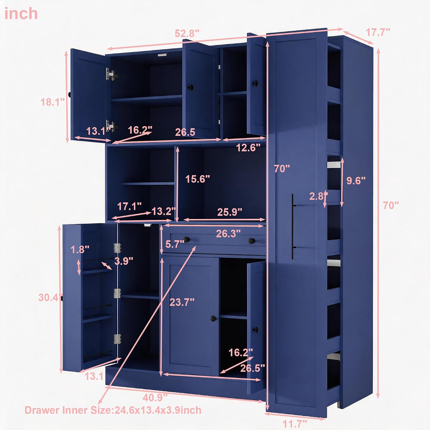 Buffet Cabinet with Hutch and Pull-Out Side Organizer, 70 in | P2 MDF, 6 doors, 5 adjustable shelves, 3-tier door shelves, pull-out side organizer with wheels, 52.8 W x 17.7 D x 70.1 H in
