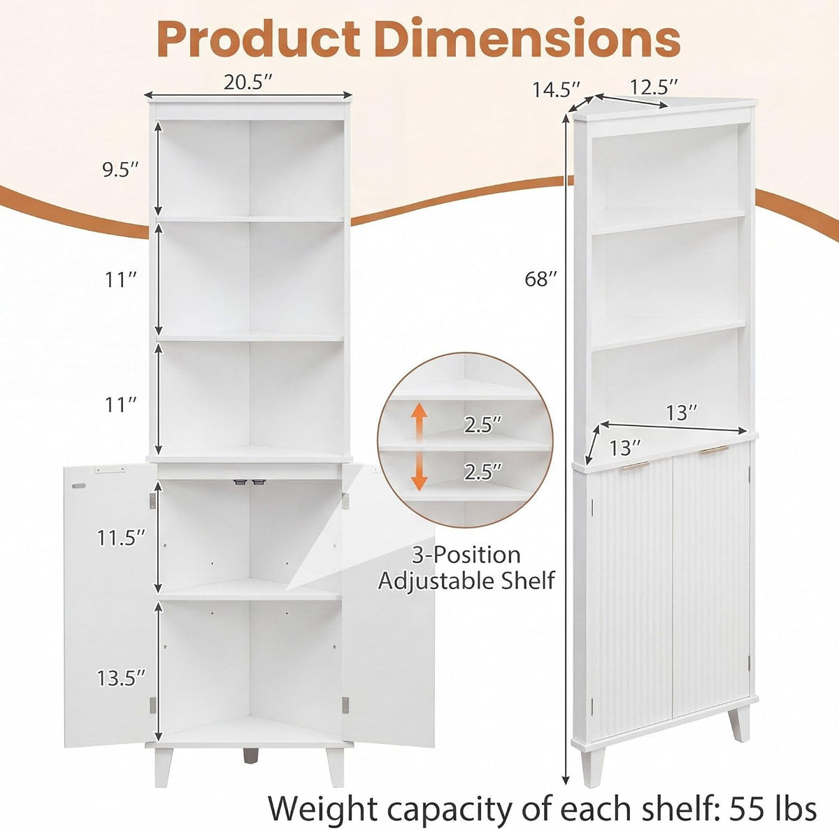 COSTWAY 68" Tall Corner Cabinet with Fluted Doors