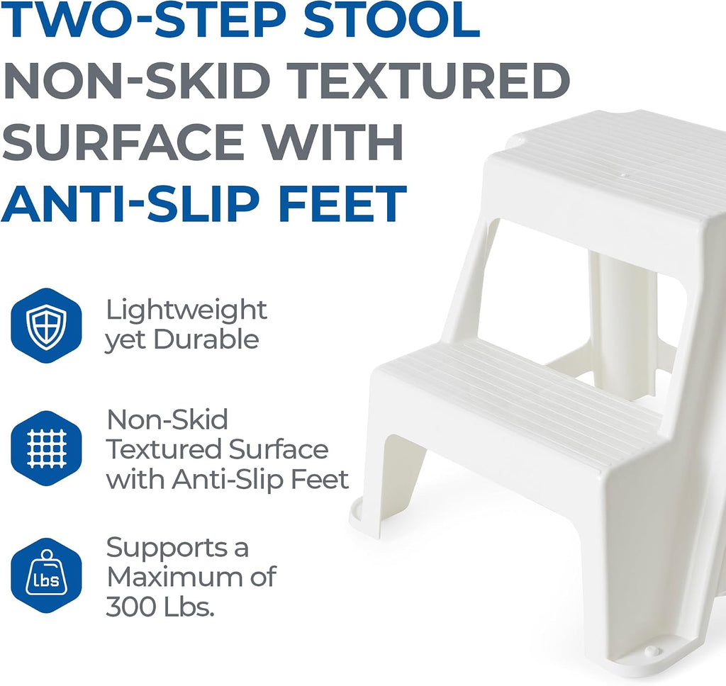 Gracious Living 2-Step Plastic Stool, 300 Lb Capacity, White | Portable Step Stool for Dorm, Home, Classroom & Office, 18"L x 18.75"W x 16"H