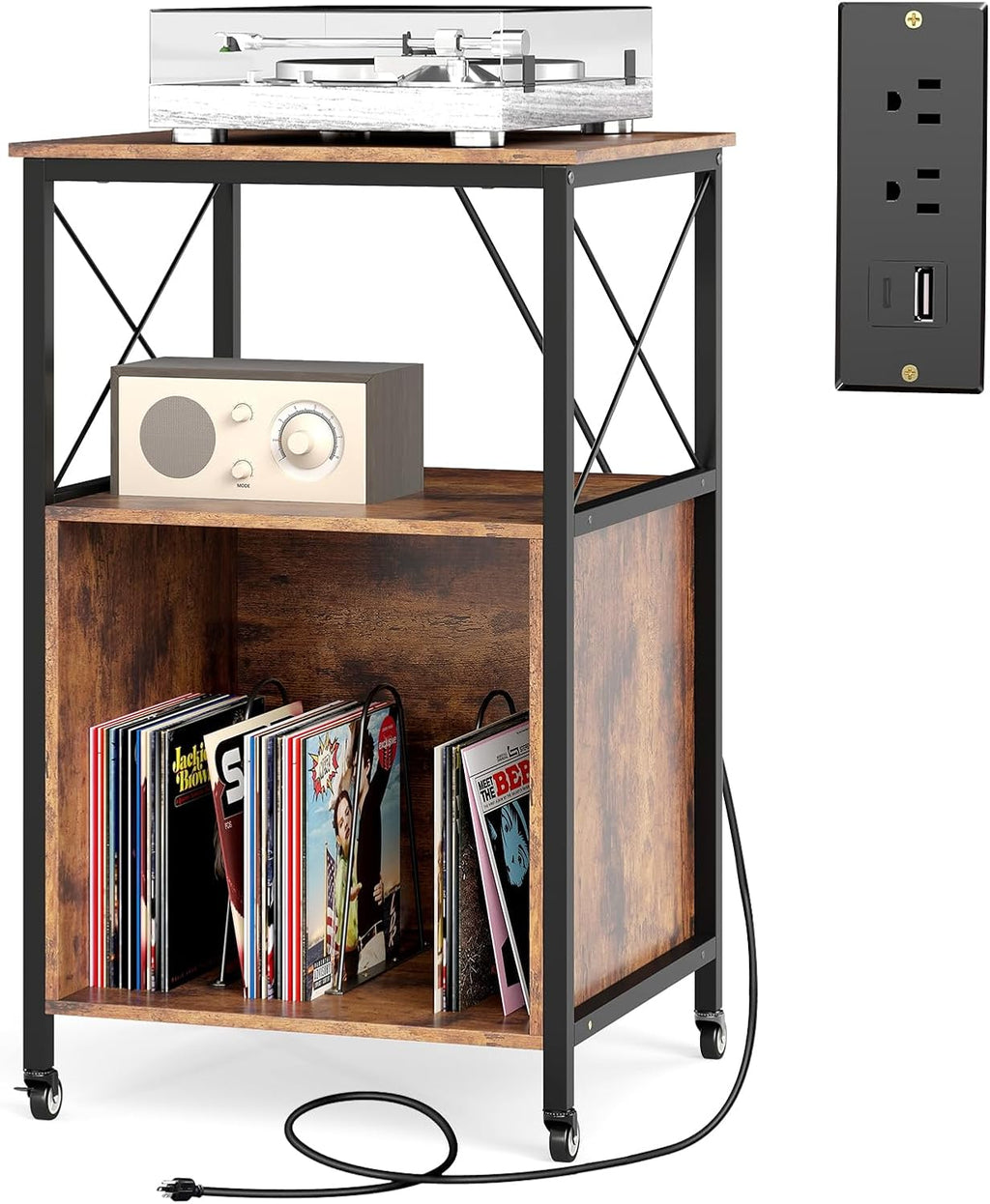 LOKO 3-Tier Rolling Record Player Stand, Mobile Turntable Stand with Power Outlet, Open Shelf & Dividers, Metal Frame, Industrial Vinyl Record Storage Table on Wheels for Living Room, Bedroom