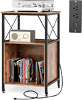 LOKO 3-Tier Rolling Record Player Stand, Mobile Turntable Stand with Power Outlet, Open Shelf & Dividers, Metal Frame, Industrial Vinyl Record Storage Table on Wheels for Living Room, Bedroom