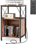 LOKO 3-Tier Rolling Record Player Stand, Mobile Turntable Stand with Power Outlet, Open Shelf & Dividers, Metal Frame, Industrial Vinyl Record Storage Table on Wheels for Living Room, Bedroom